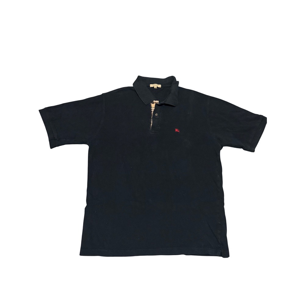 Burberry London Mens Polo Shirt Navy Blue Nova Check Placket Embroidered Logo M